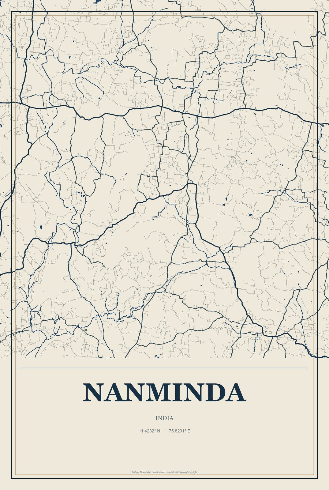 Nanminda, India City Map Aluminum Sign in Coastal Cutout style