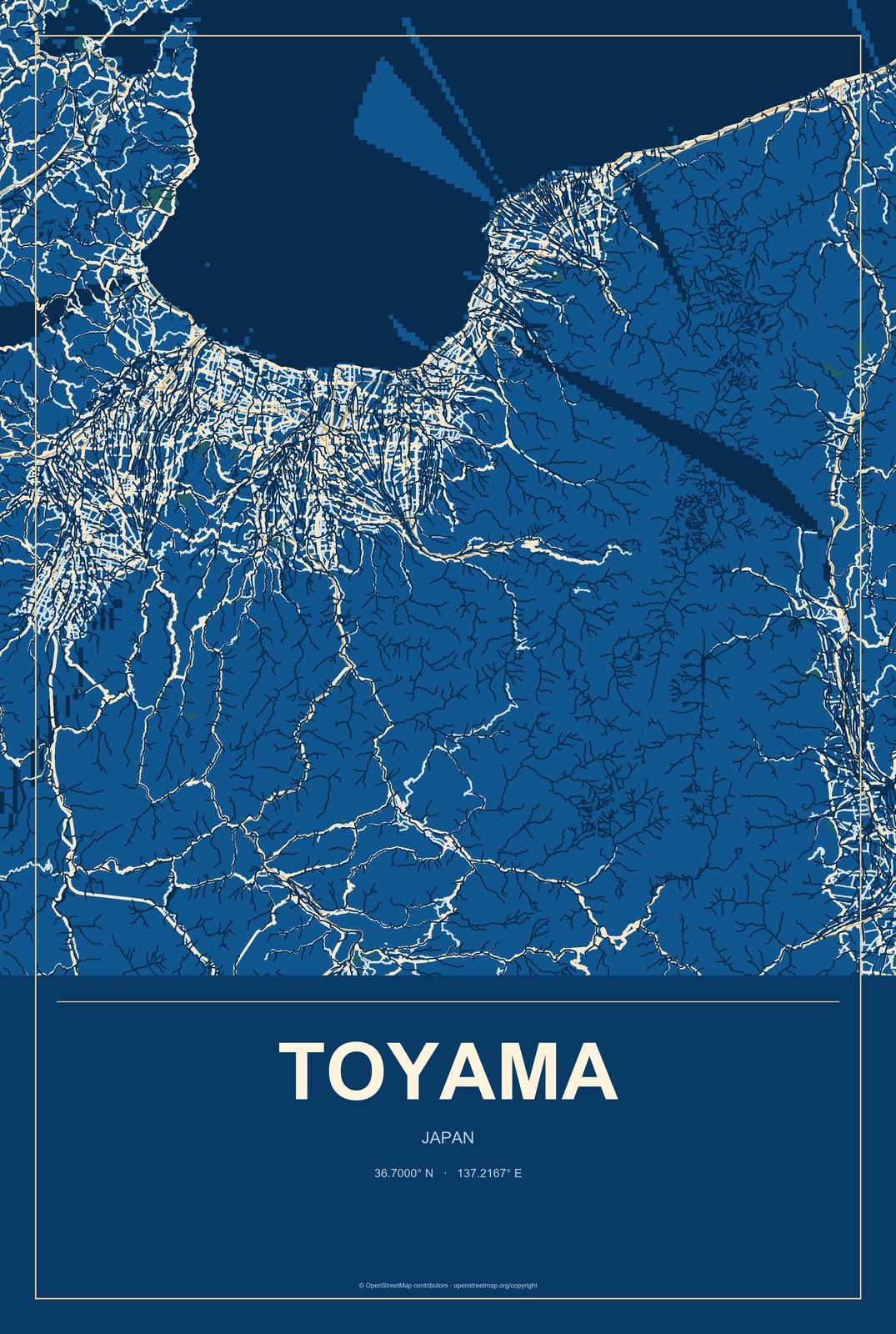 Toyama, Japan City Map Aluminum Sign in Harbor Cobalt style