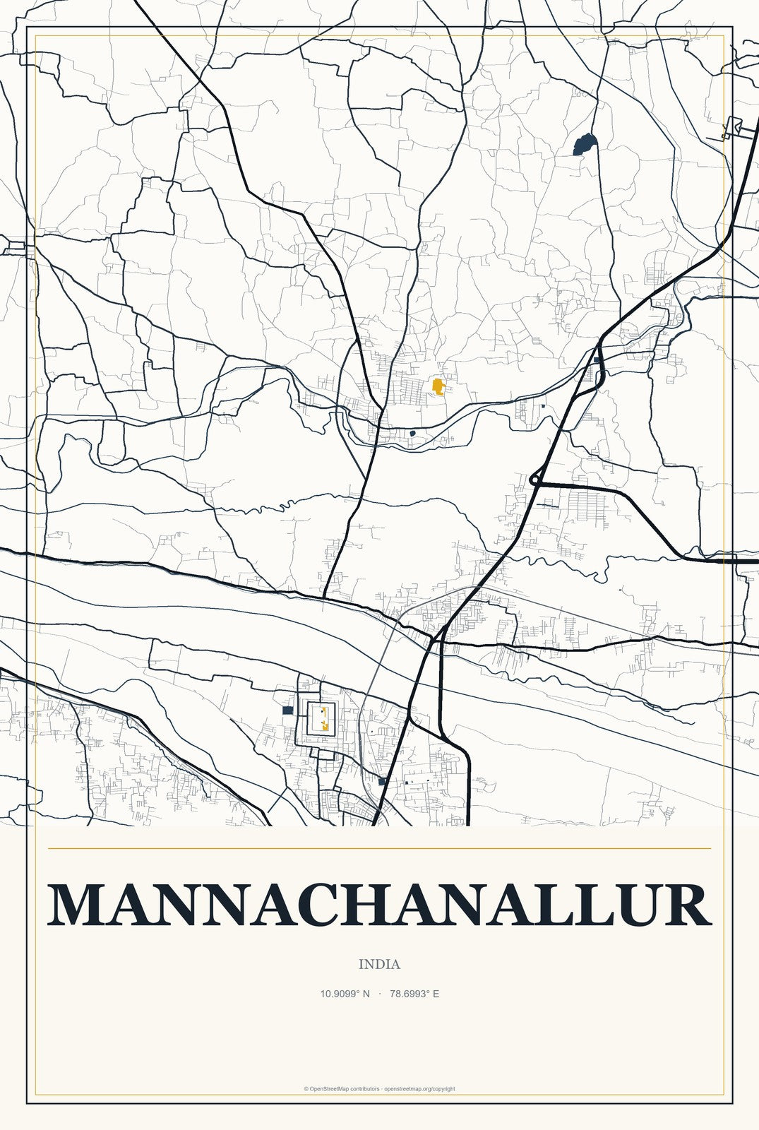 Mannachanallur, India City Map Aluminum Sign in Citrine Modern style