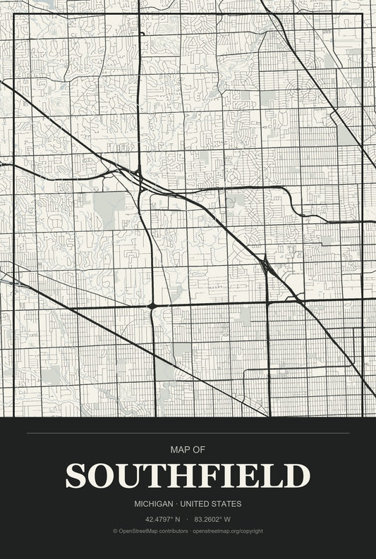 Southfield, Michigan City Map Aluminum Sign in Museum Plaque style
