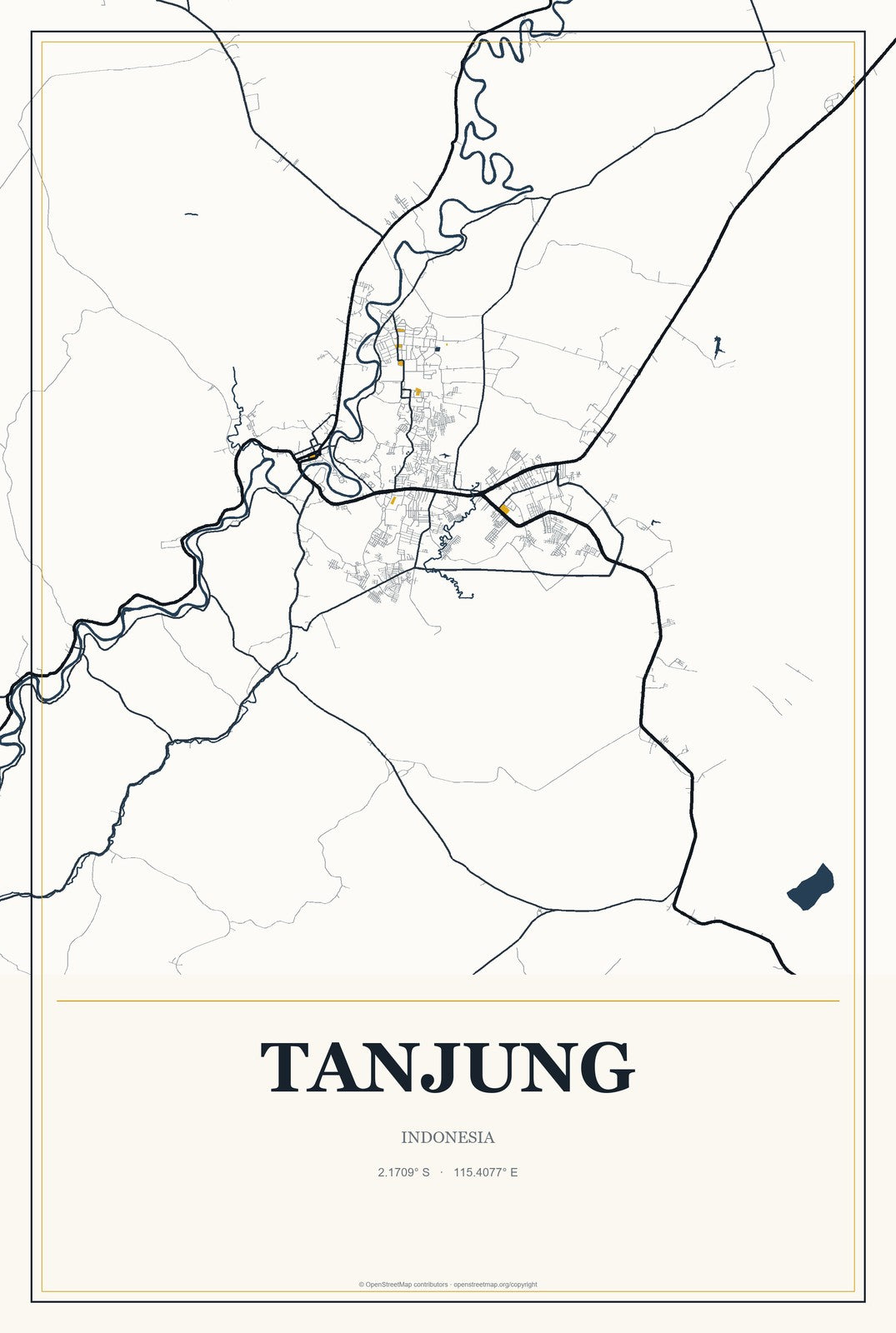 Tanjung, Indonesia City Map Aluminum Sign in Citrine Modern style