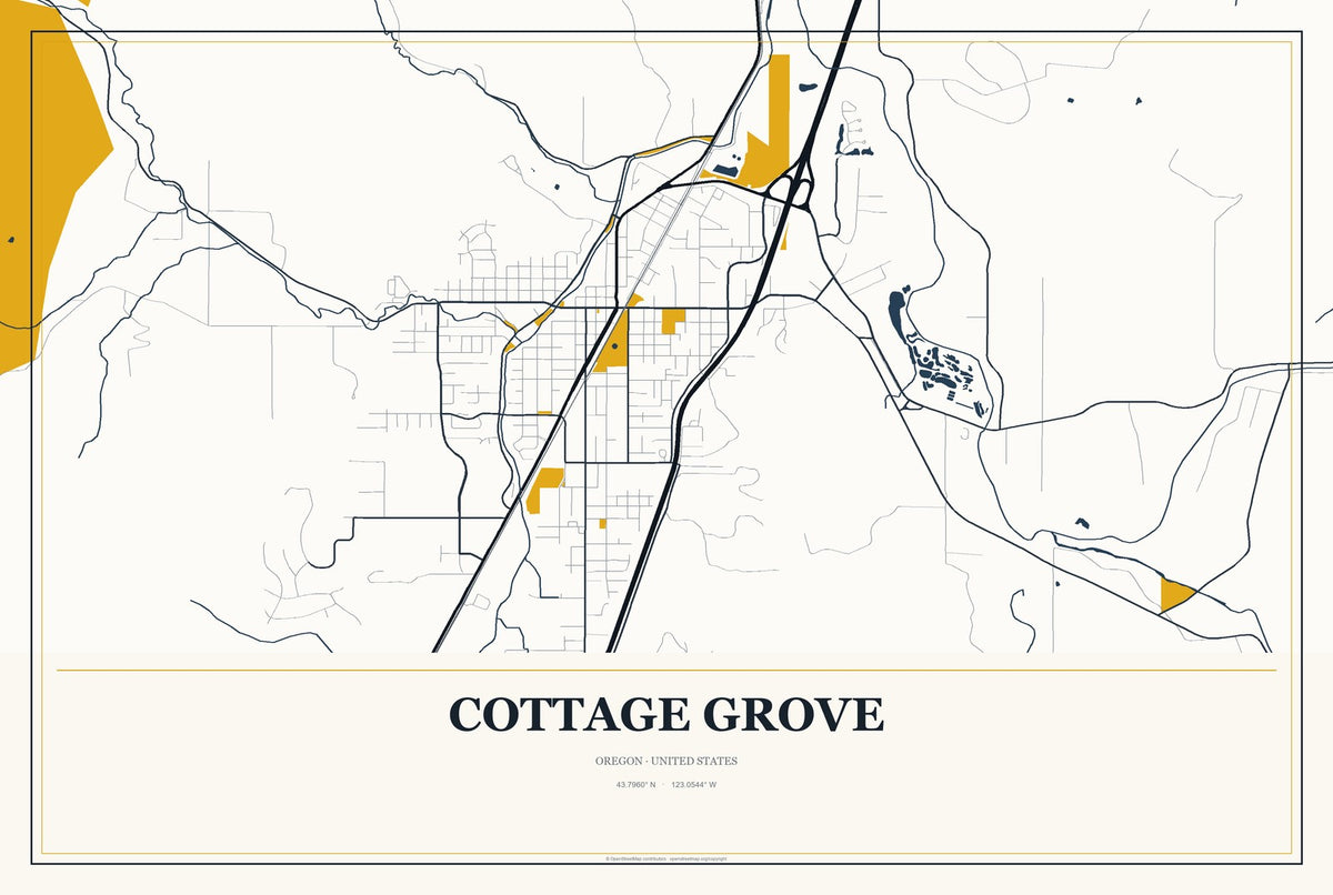 Cottage Grove, Oregon City Map Aluminum Sign in Citrine Modern style