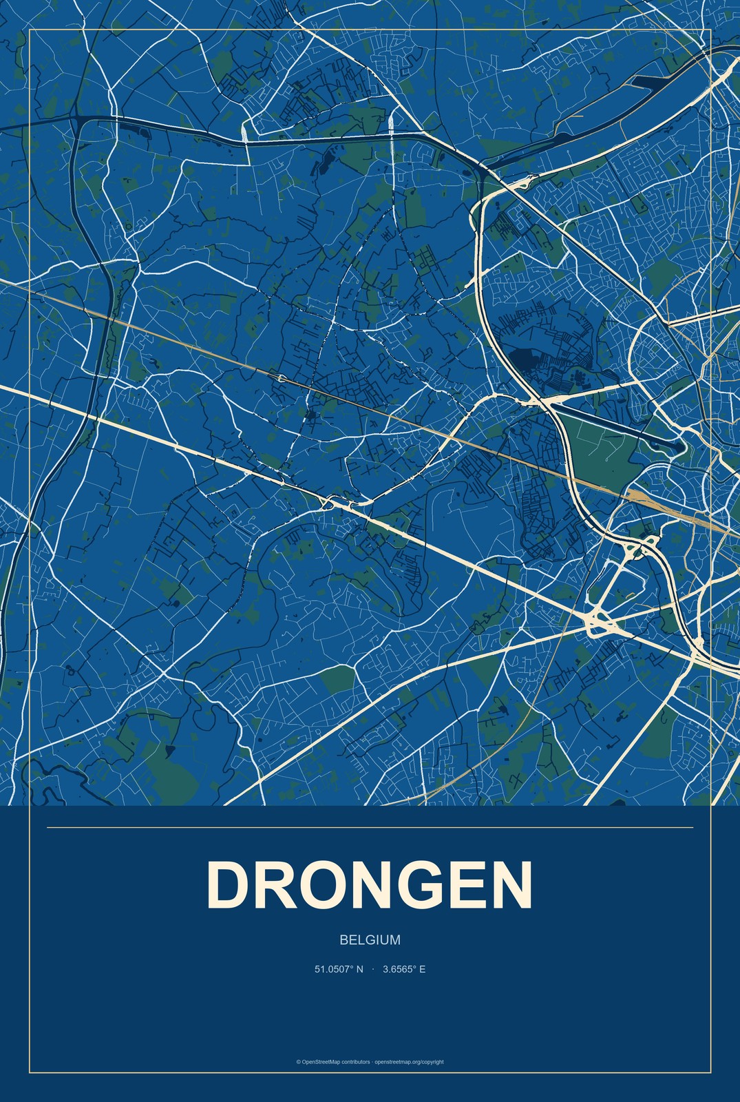 Drongen, Belgium City Map Aluminum Sign in Harbor Cobalt style