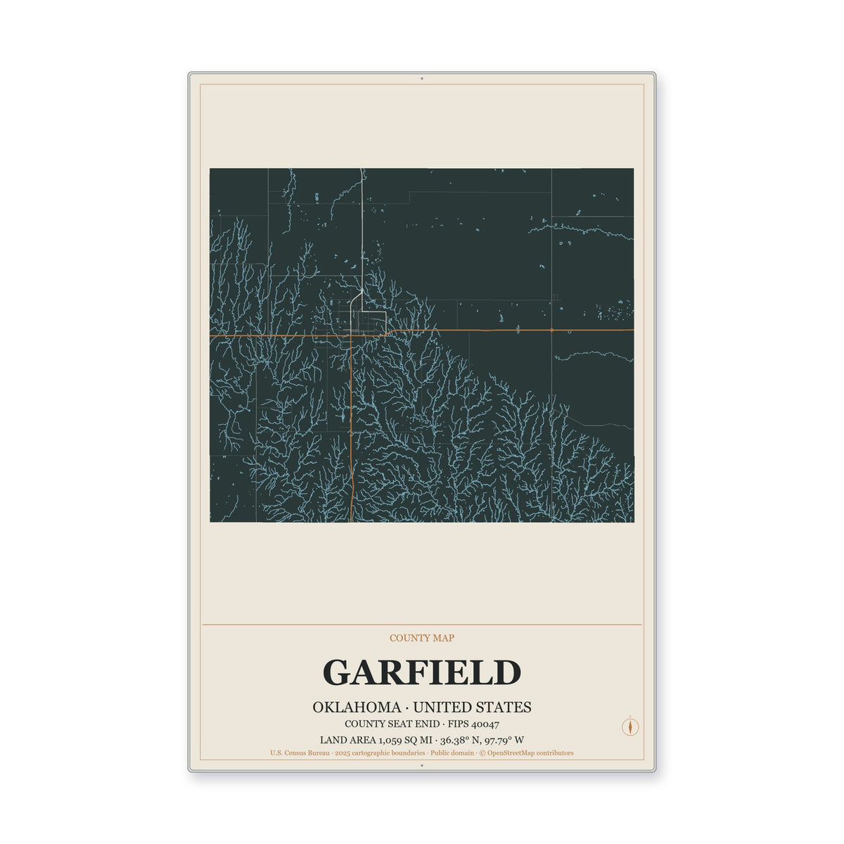 Garfield County, Oklahoma Map Aluminum Sign in Headline Atlas style