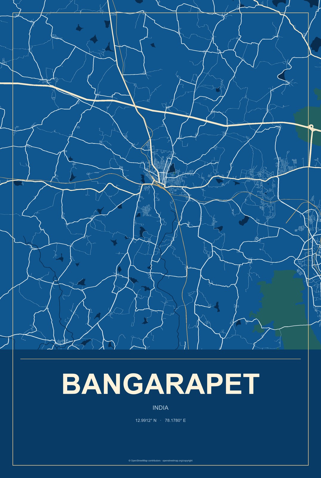 Bangarapet, India City Map Aluminum Sign in Harbor Cobalt style