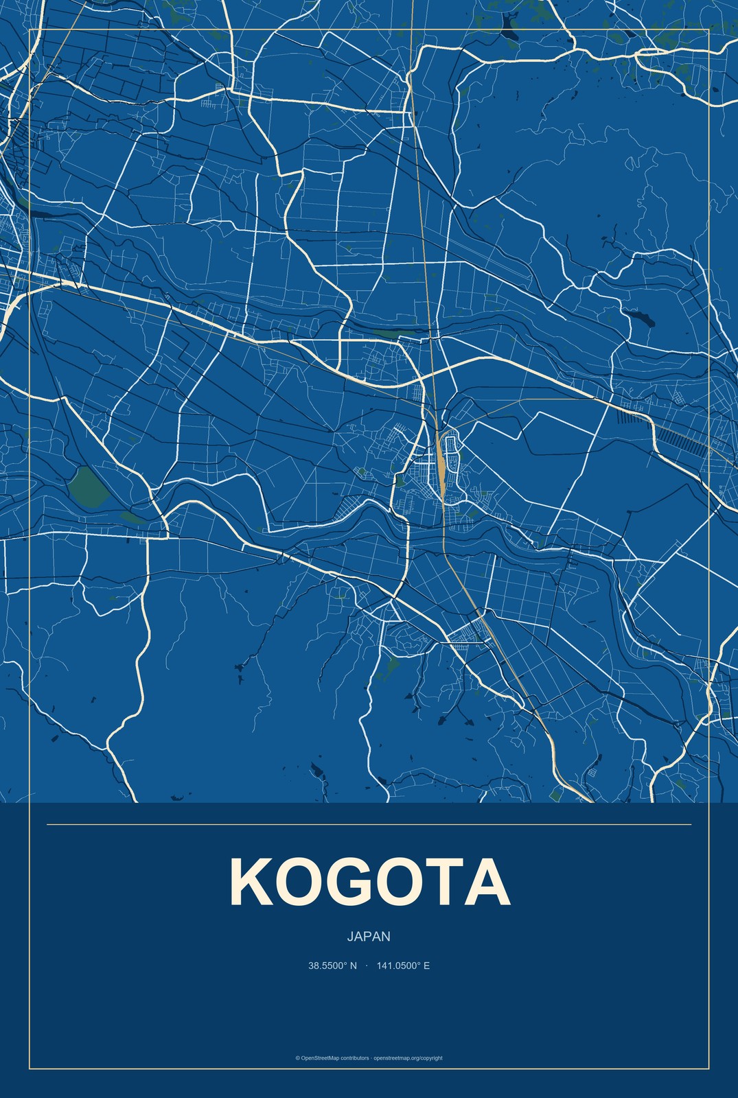 Kogota, Japan City Map Aluminum Sign in Harbor Cobalt style
