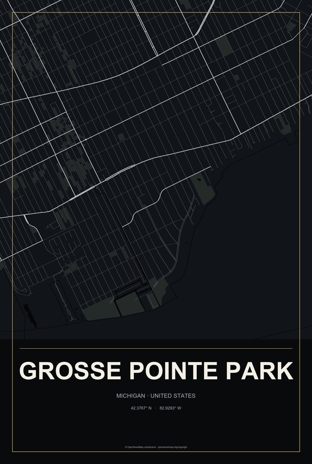 Grosse Pointe Park, Michigan City Map Aluminum Sign in Metropolitan Noir style