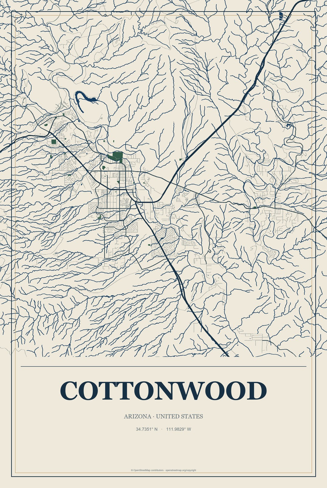 Cottonwood, Arizona City Map Aluminum Sign in Coastal Cutout style
