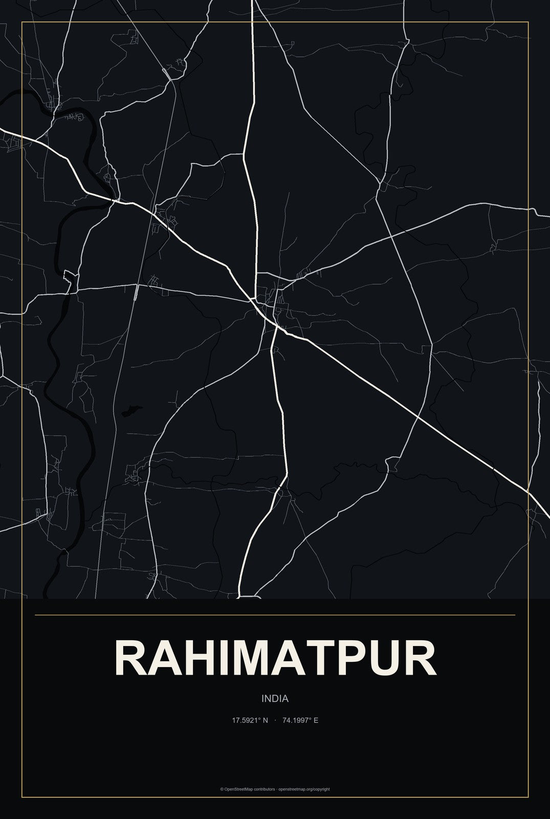 Rahimatpur, India City Map Aluminum Sign in Metropolitan Noir style