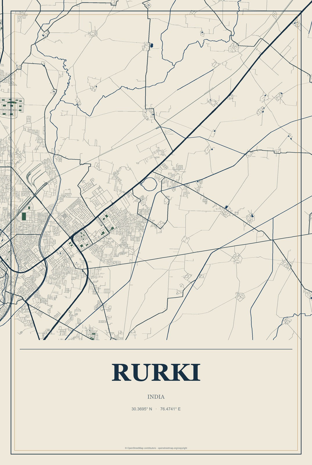 Rurki, India City Map Aluminum Sign in Coastal Cutout style