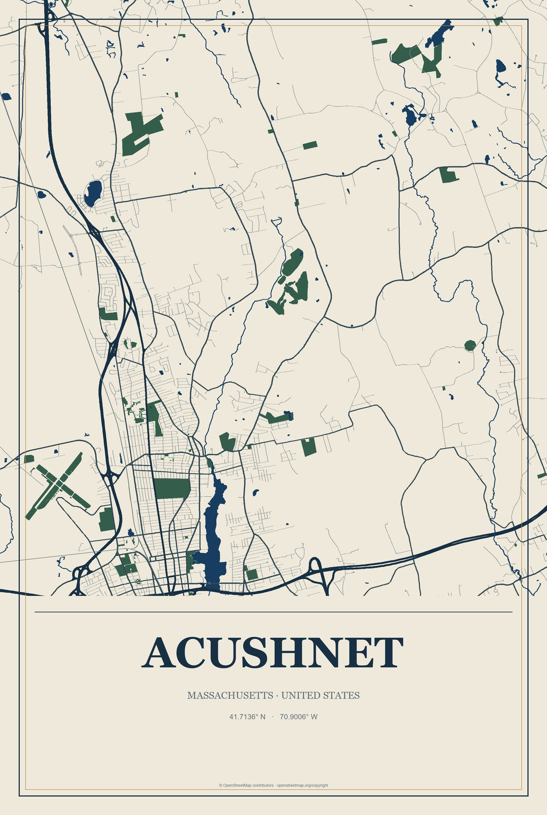 Acushnet, Massachusetts City Map Aluminum Sign in Coastal Cutout style