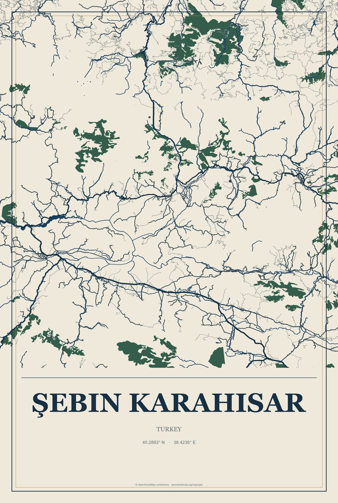 Şebin Karahisar, Turkey City Map Aluminum Sign in Coastal Cutout style
