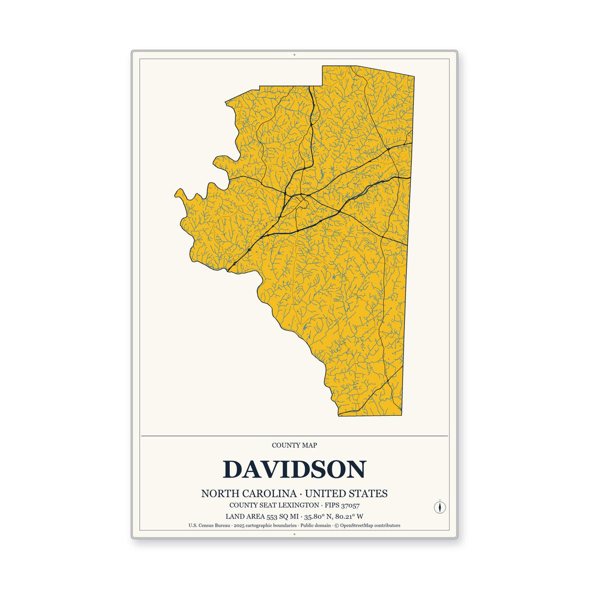 Davidson County, North Carolina Map Aluminum Sign in Citrine Modern style
