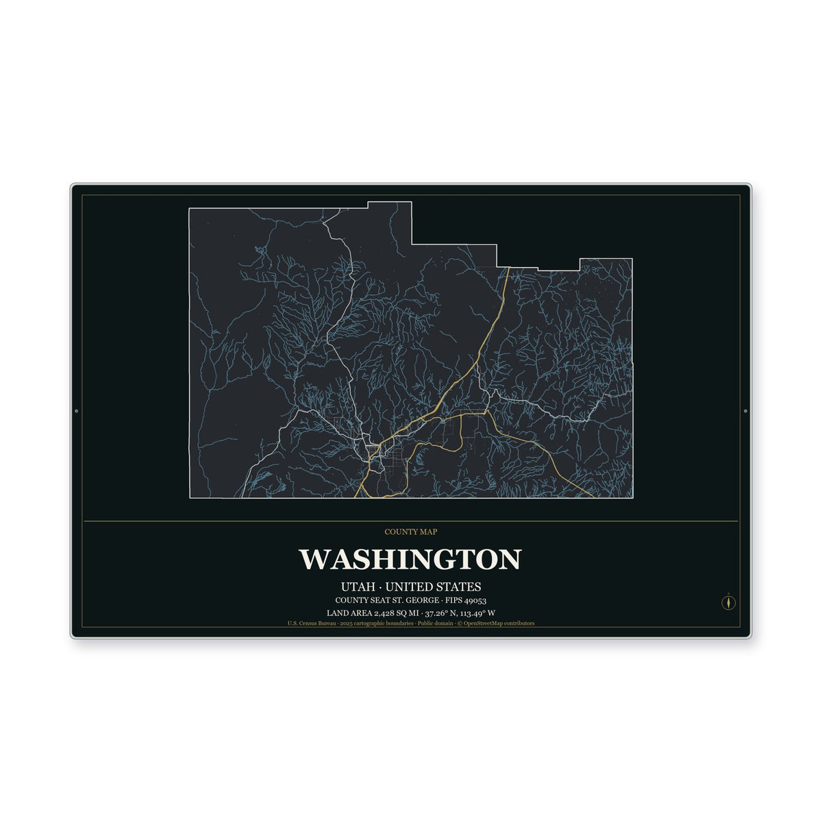 Washington County, Utah Map Aluminum Sign in Metropolitan Noir style