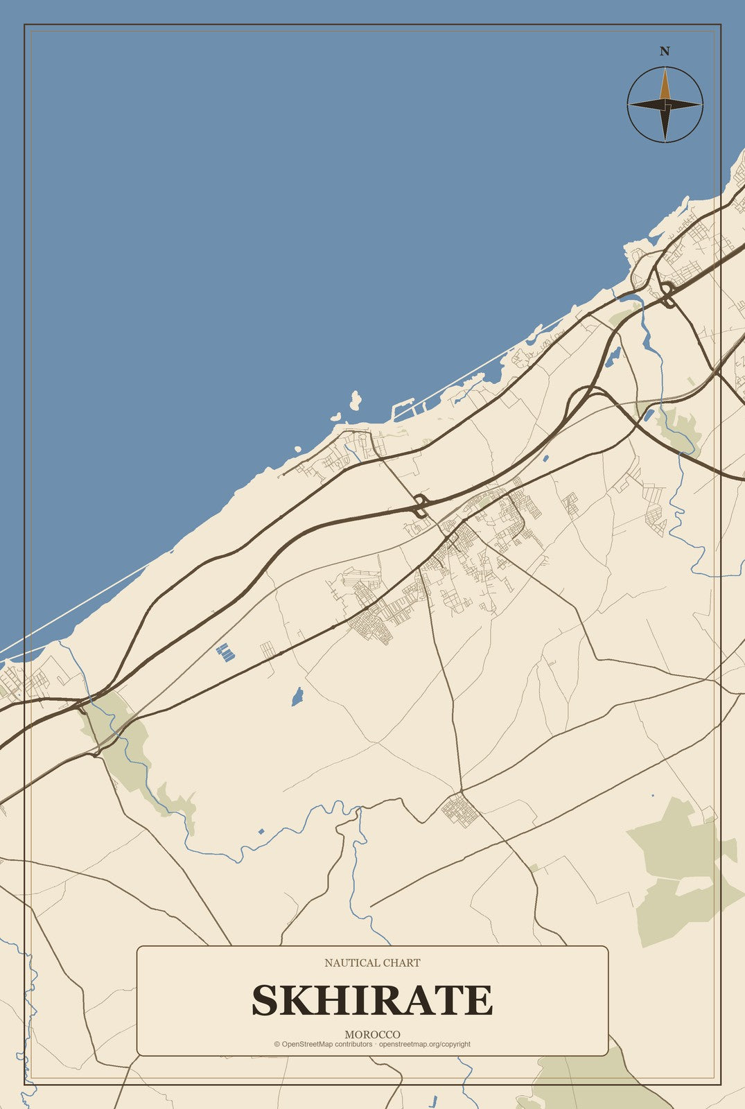 Skhirate, Morocco City Map Aluminum Sign in Heritage Nautical style