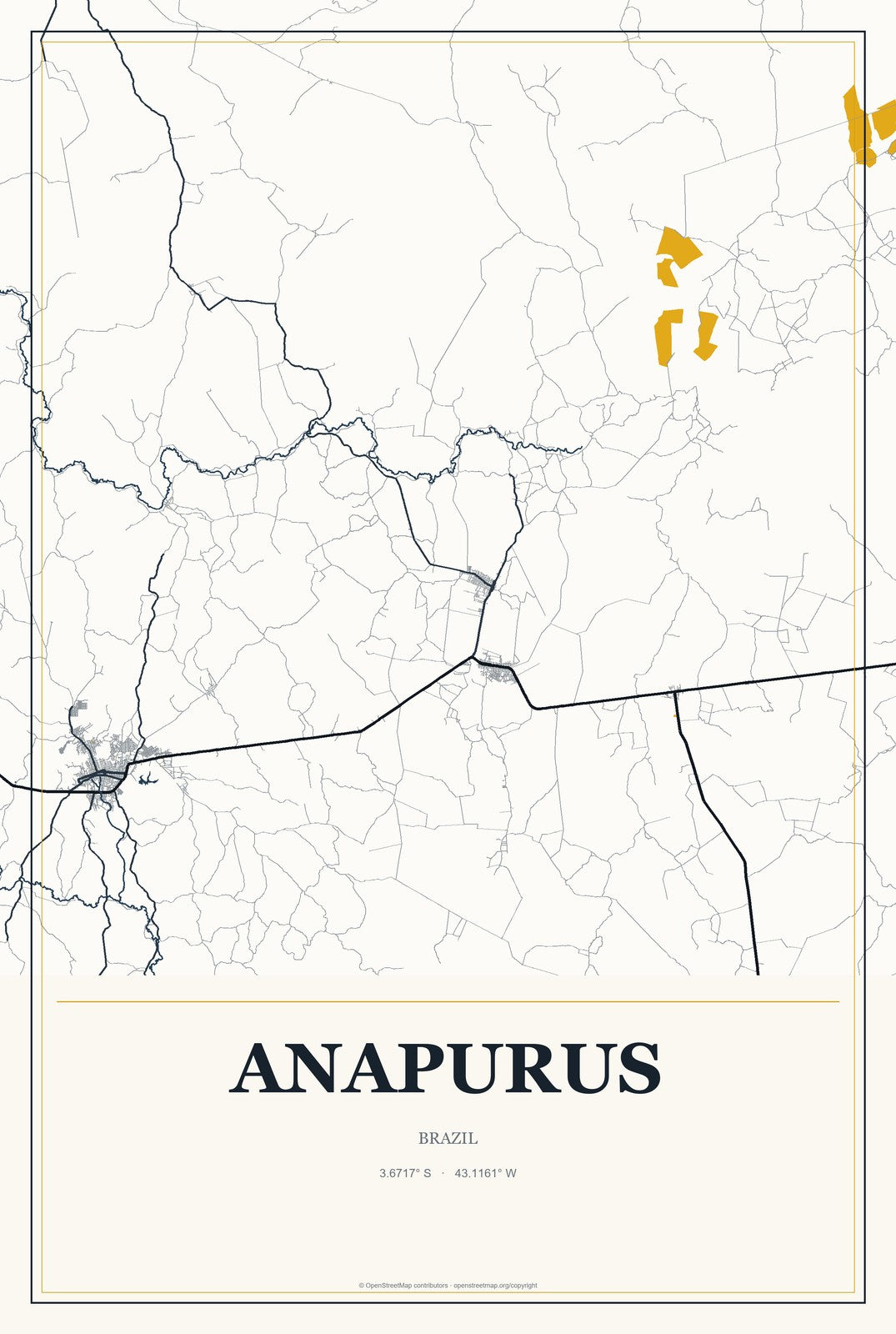 Anapurus, Brazil City Map Aluminum Sign in Citrine Modern style