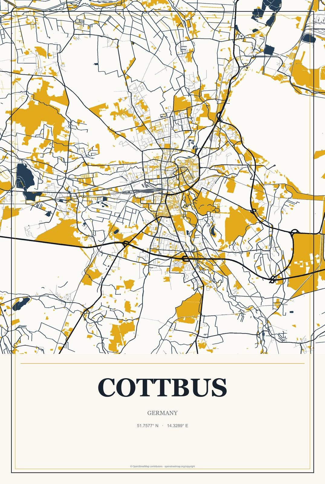 Cottbus, Germany City Map Aluminum Sign in Citrine Modern style