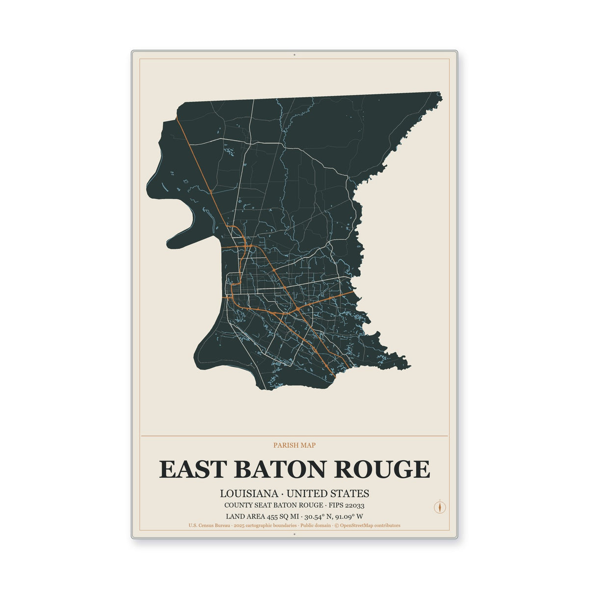 East Baton Rouge Parish, Louisiana Map Aluminum Sign in Headline Atlas style