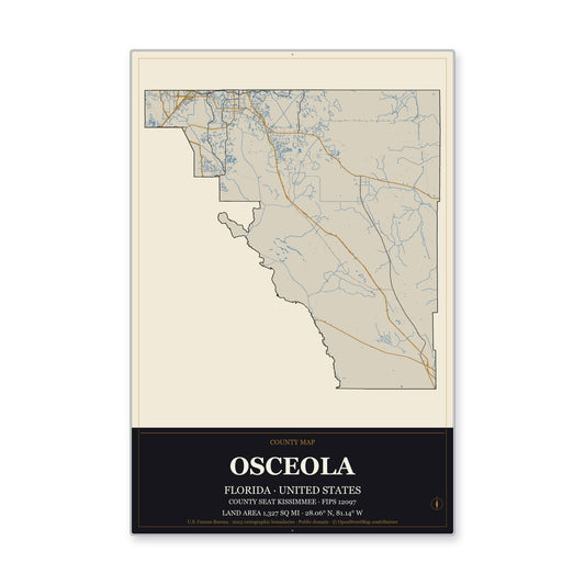 Osceola County, Florida Map Aluminum Sign in Museum Plaque style