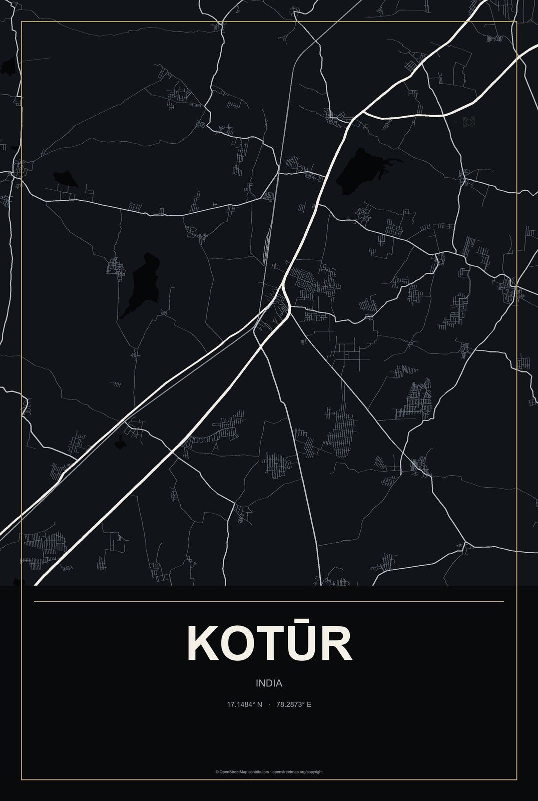 Kotūr, India City Map Aluminum Sign in Metropolitan Noir style