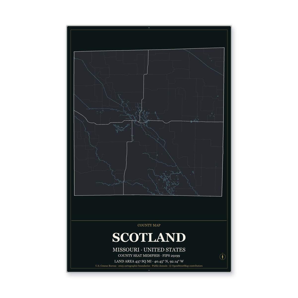 Scotland County, Missouri Map Aluminum Sign in Metropolitan Noir style