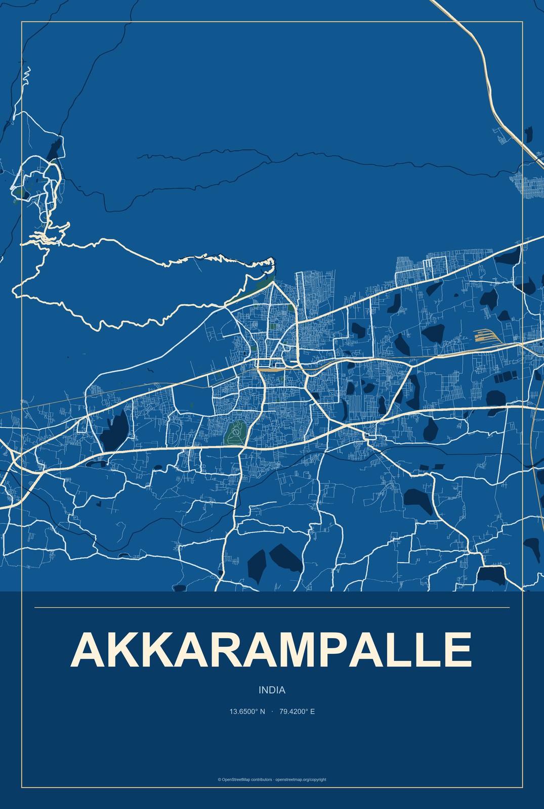 Akkarampalle, India City Map Aluminum Sign in Harbor Cobalt style