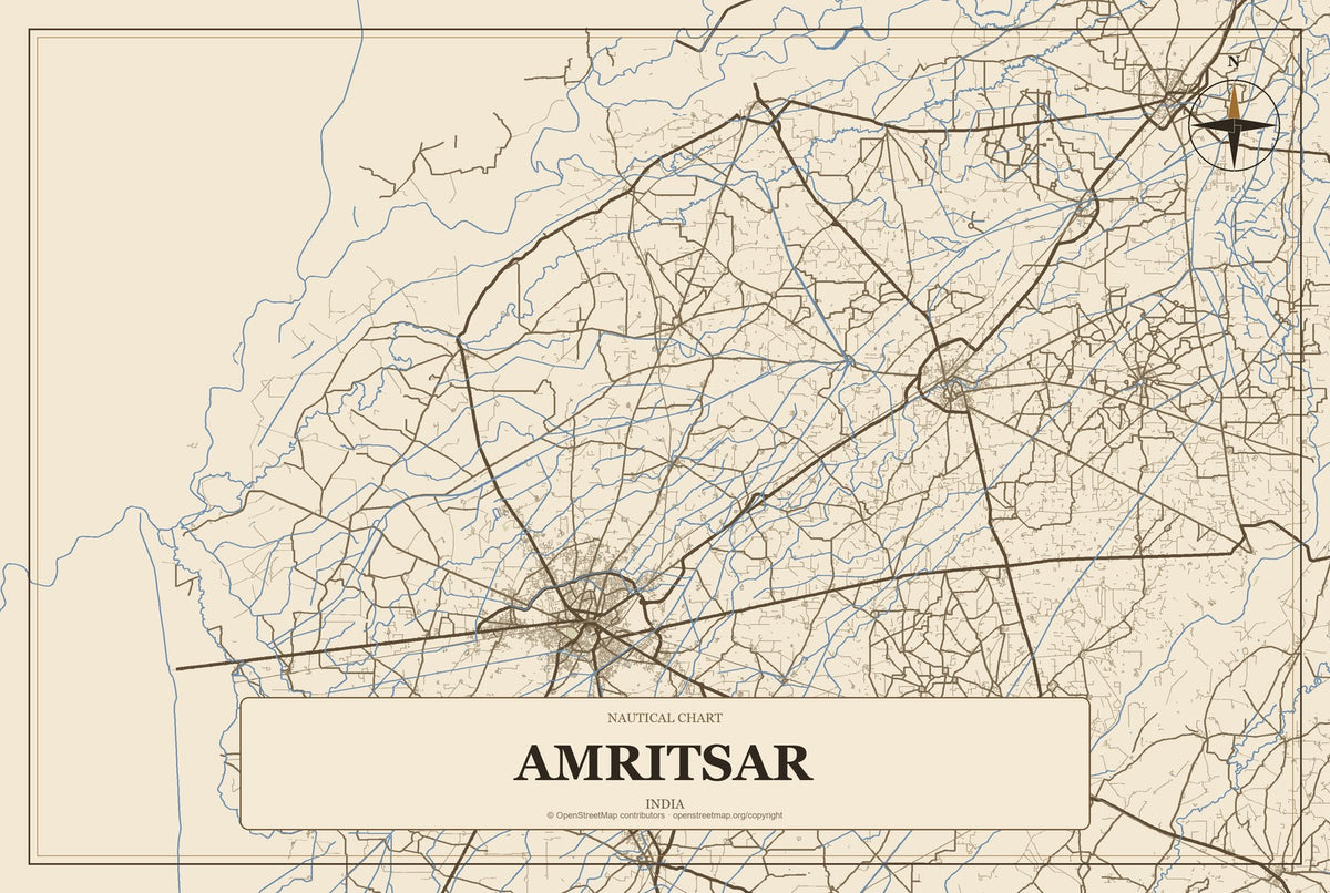 Amritsar, India City Map Aluminum Sign in Heritage Nautical style