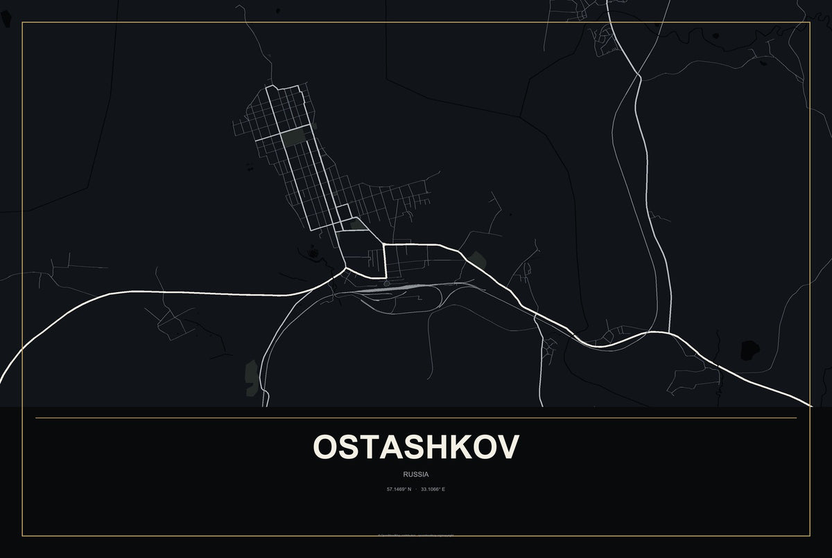 Ostashkov, Russia City Map Aluminum Sign in Metropolitan Noir style