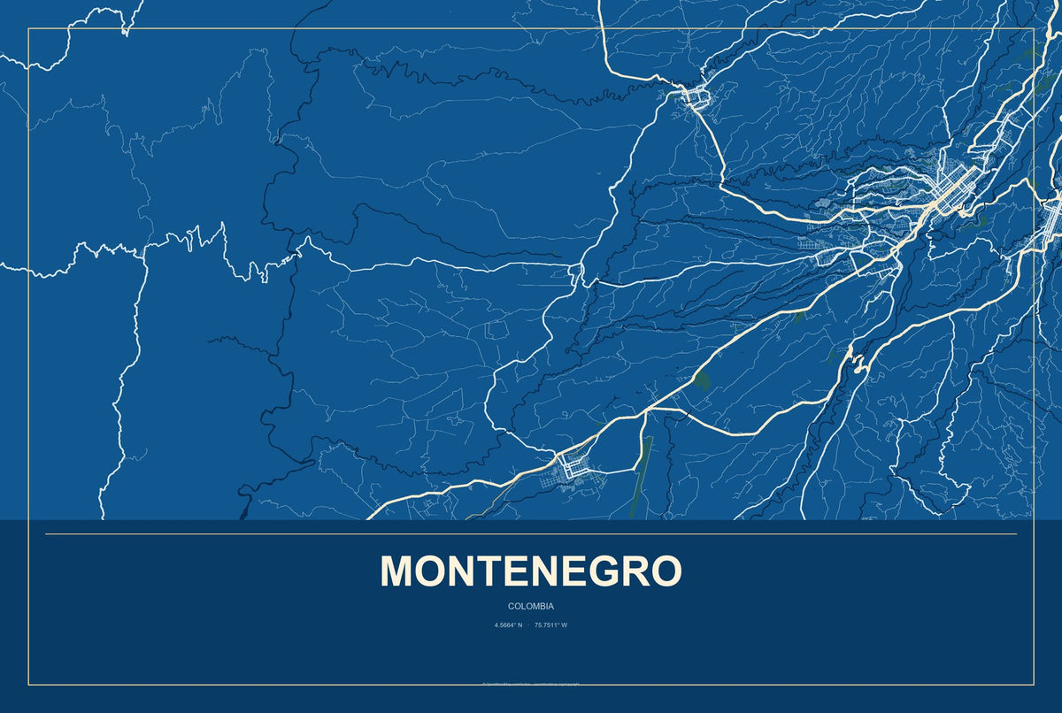 Montenegro, Colombia City Map Aluminum Sign in Harbor Cobalt style