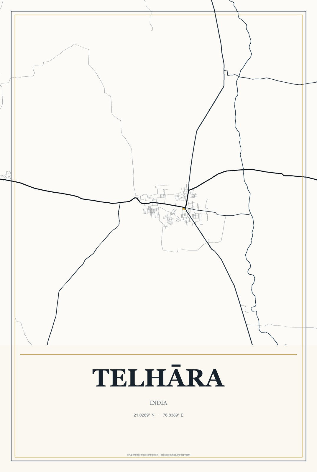 Telhāra, India City Map Aluminum Sign in Citrine Modern style