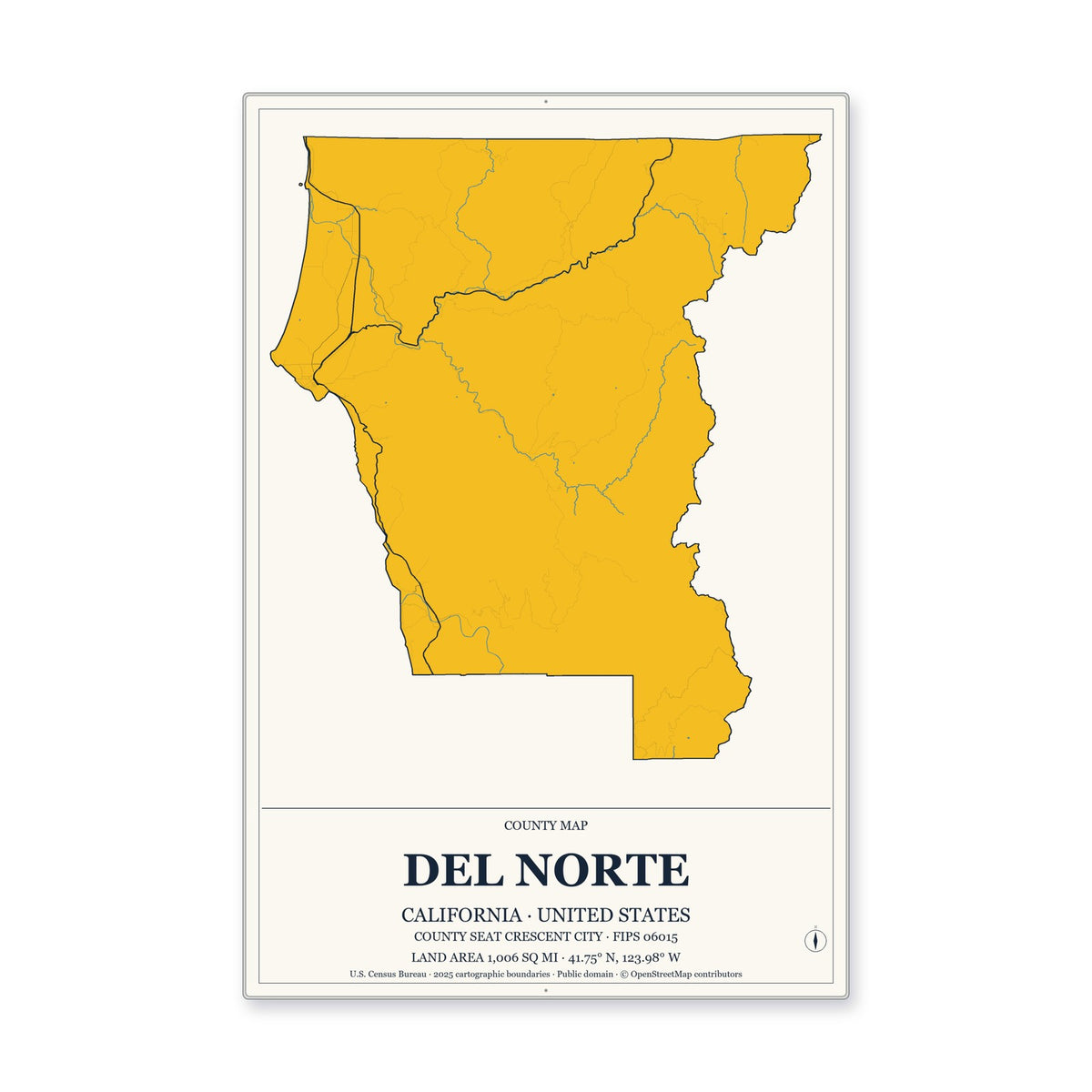 Del Norte County, California Map Aluminum Sign in Citrine Modern style