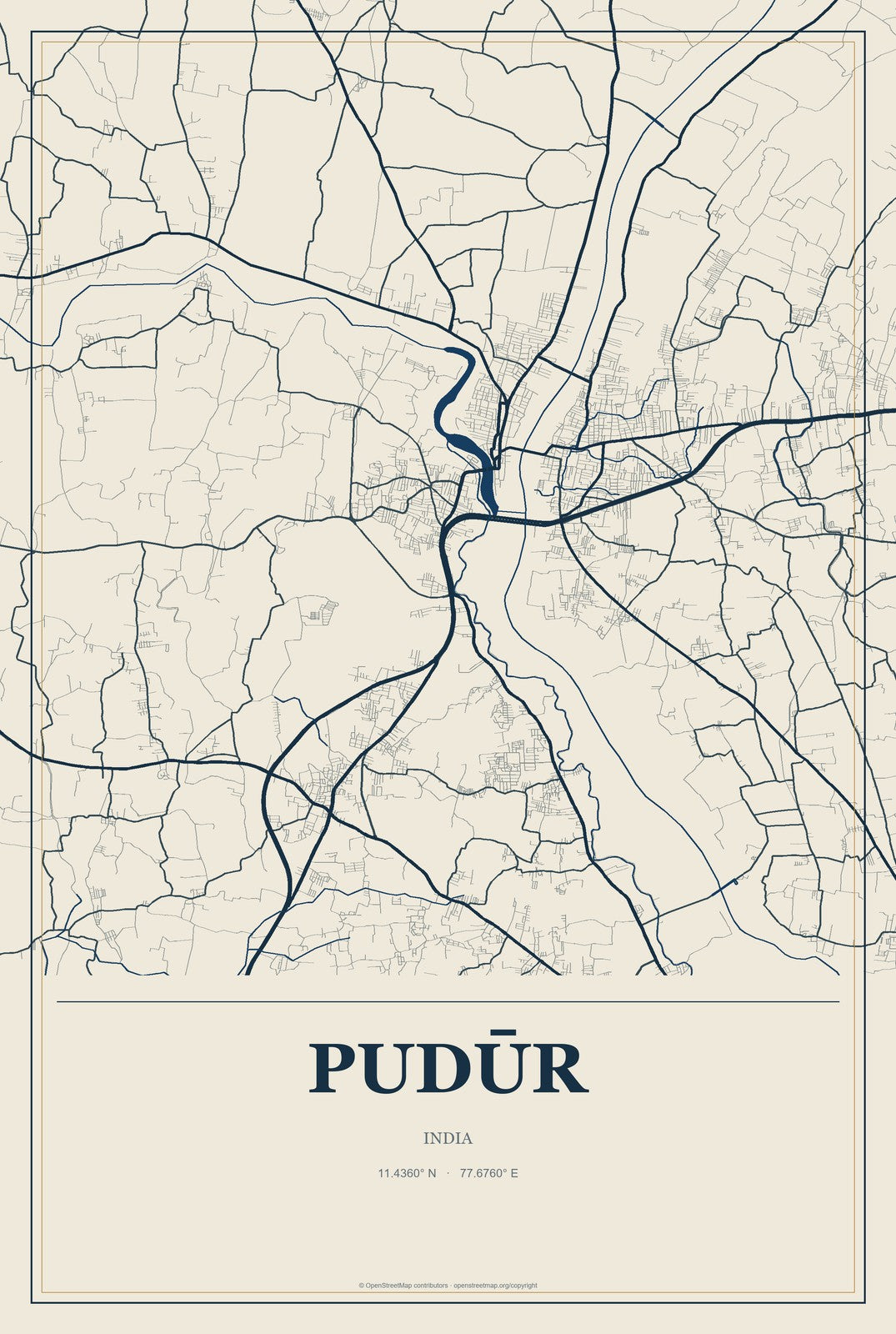 Pudūr, India City Map Aluminum Sign in Coastal Cutout style