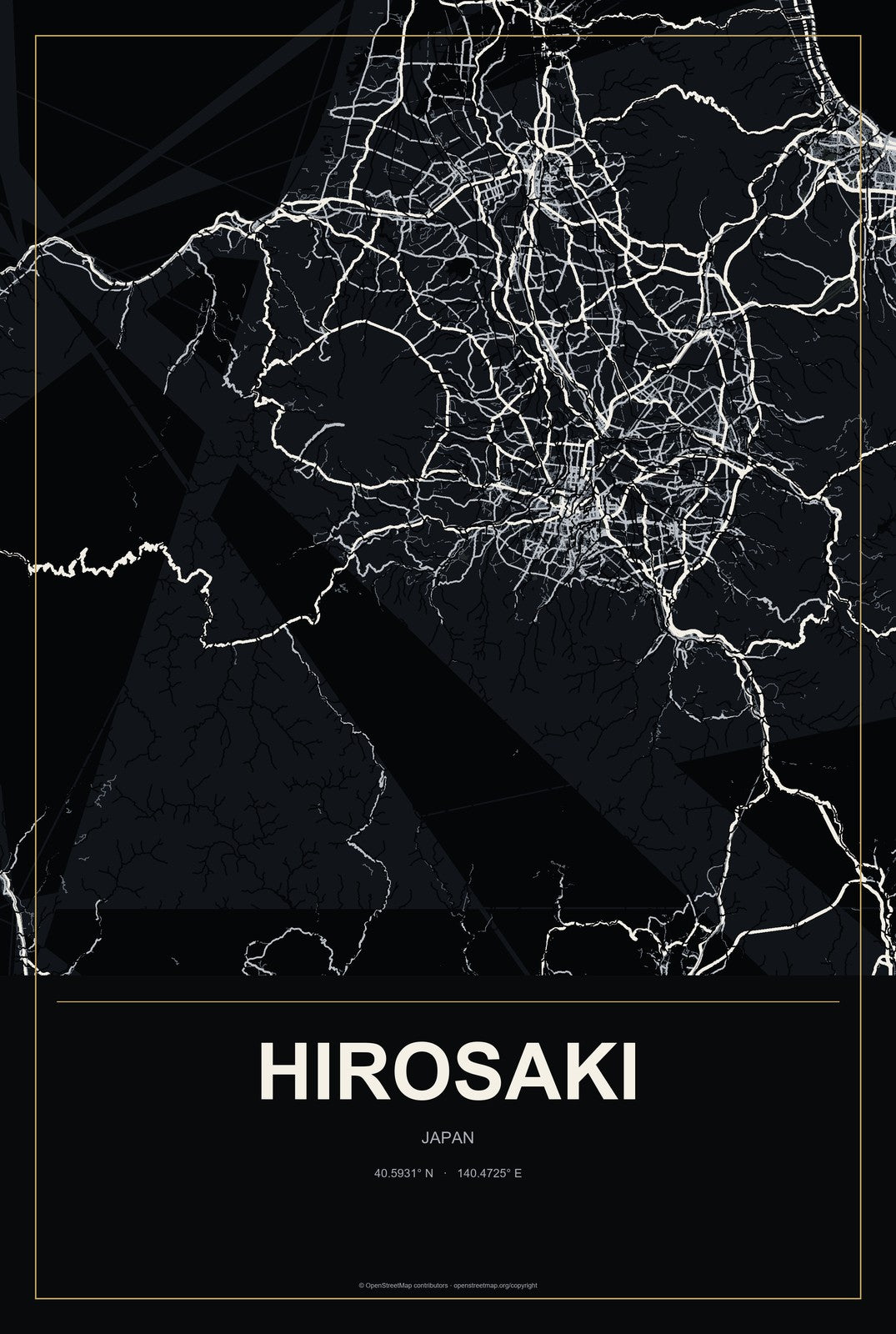Hirosaki, Japan City Map Aluminum Sign in Metropolitan Noir style