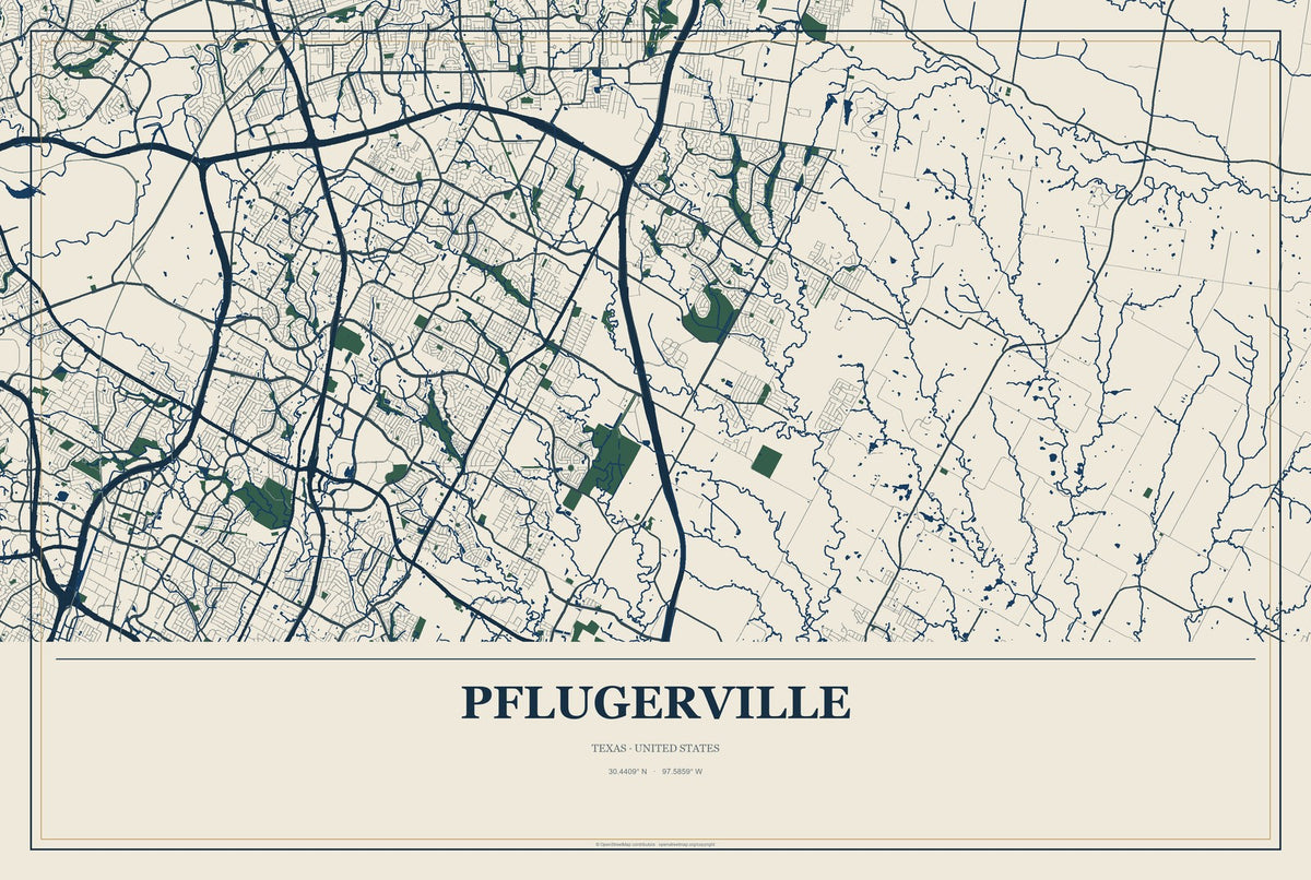 Pflugerville, Texas City Map Aluminum Sign in Coastal Cutout style