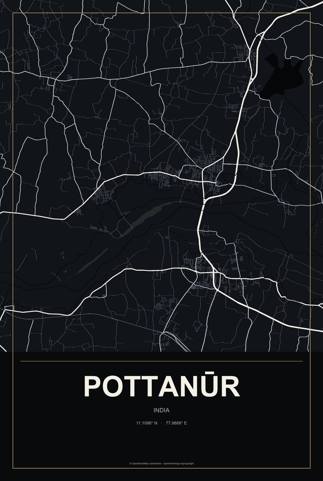 Pottanūr, India City Map Aluminum Sign in Metropolitan Noir style