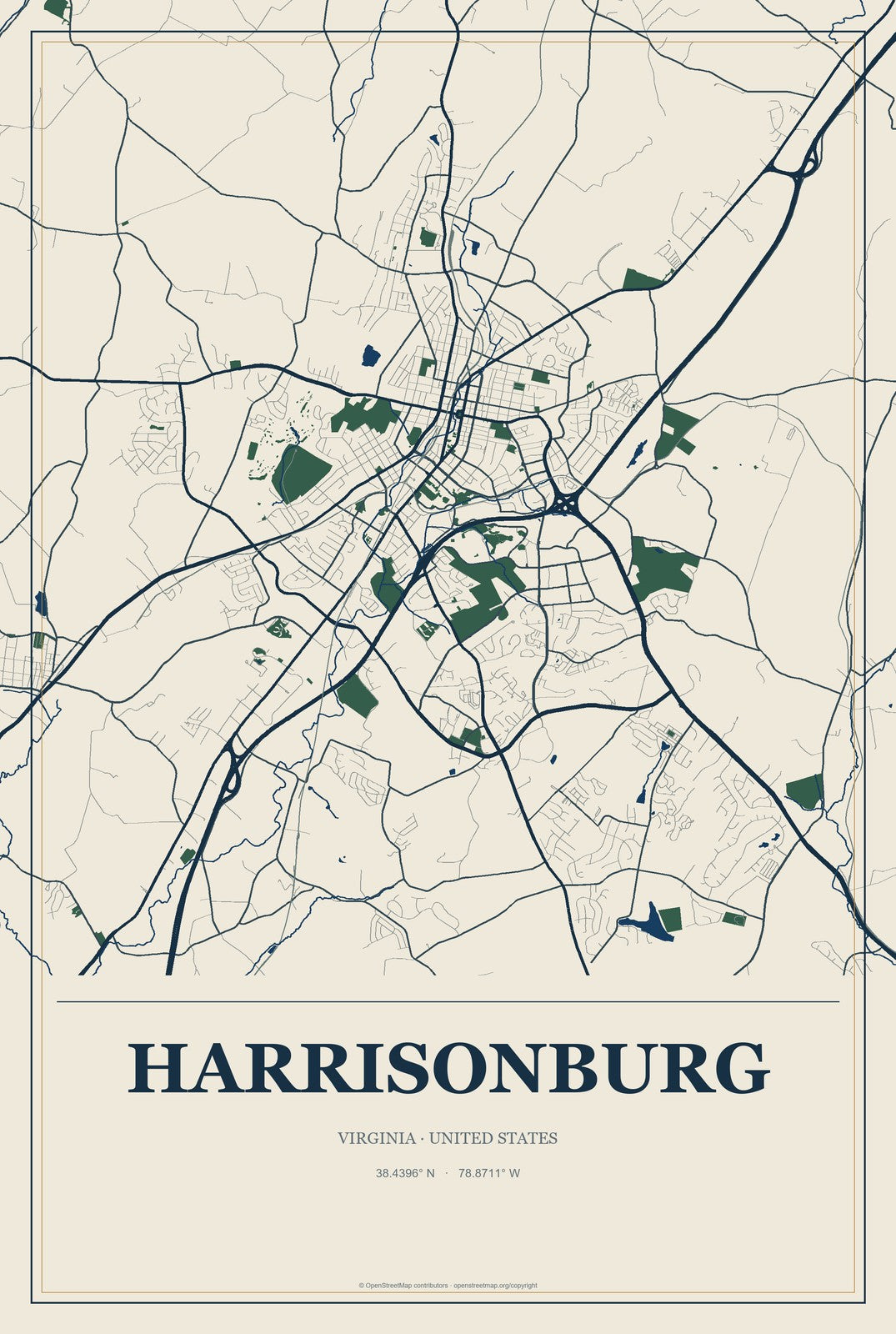 Harrisonburg, Virginia City Map Aluminum Sign in Coastal Cutout style