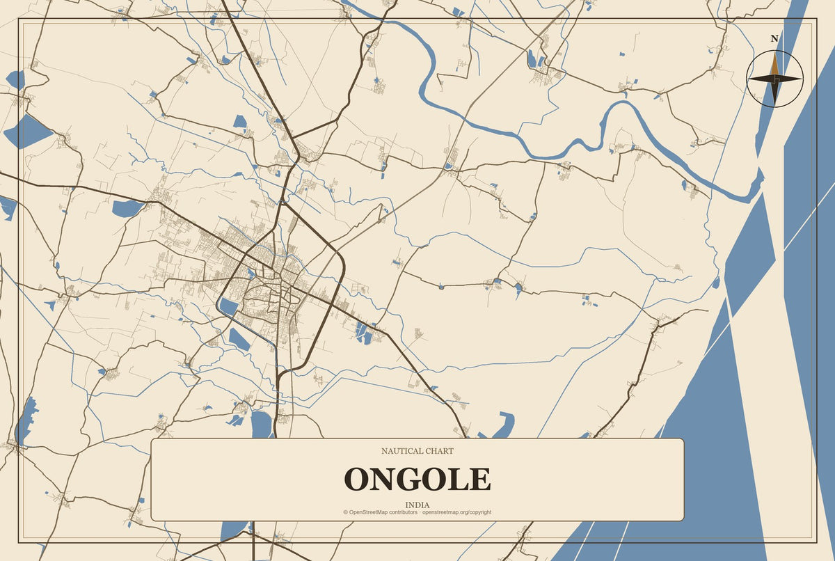 Ongole, India City Map Aluminum Sign in Heritage Nautical style
