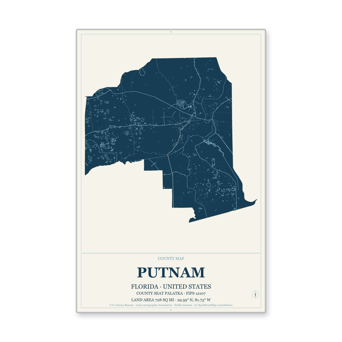 Putnam County, Florida Map Aluminum Sign in Coastal Cutout style