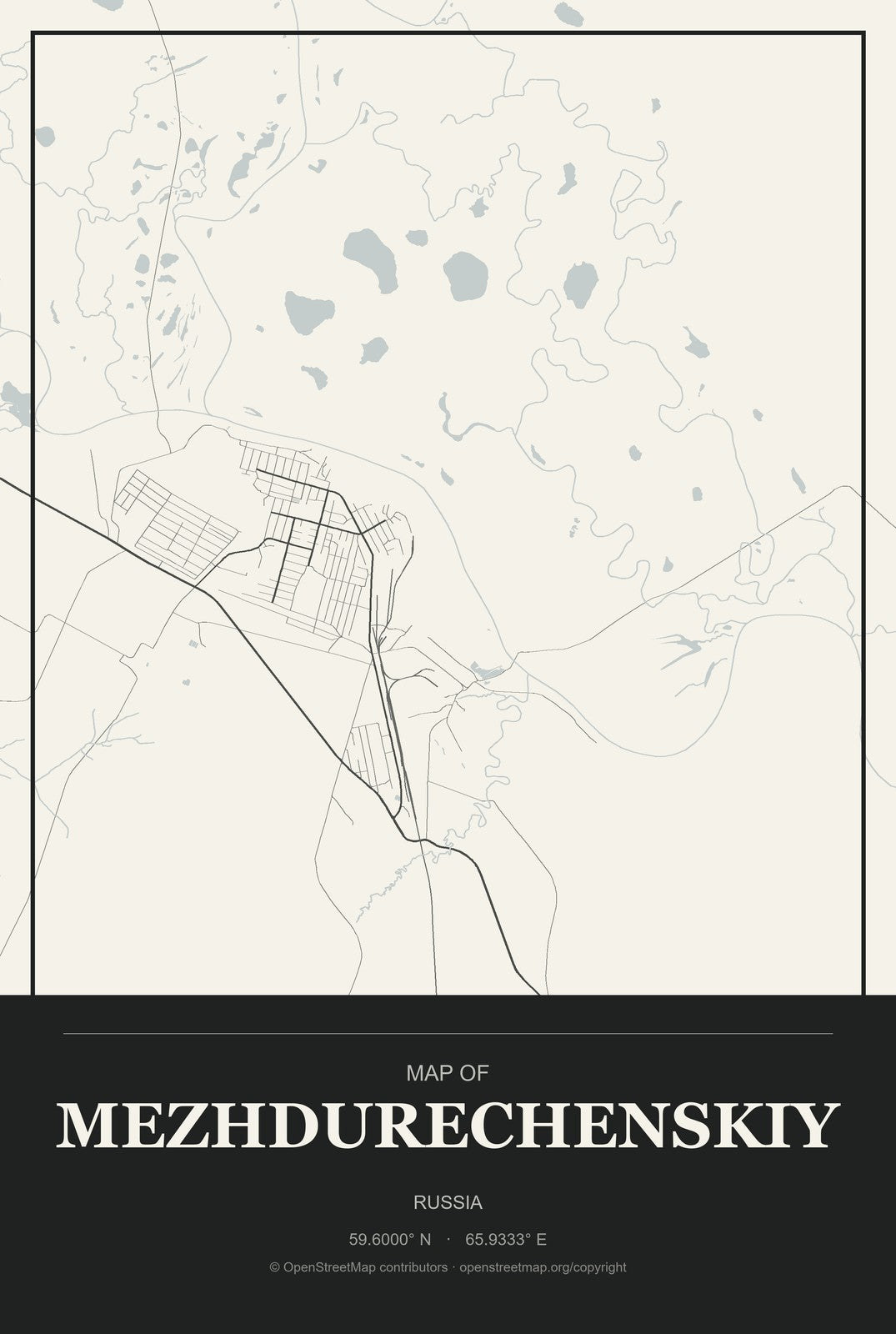 Mezhdurechenskiy, Russia City Map Aluminum Sign in Museum Plaque style