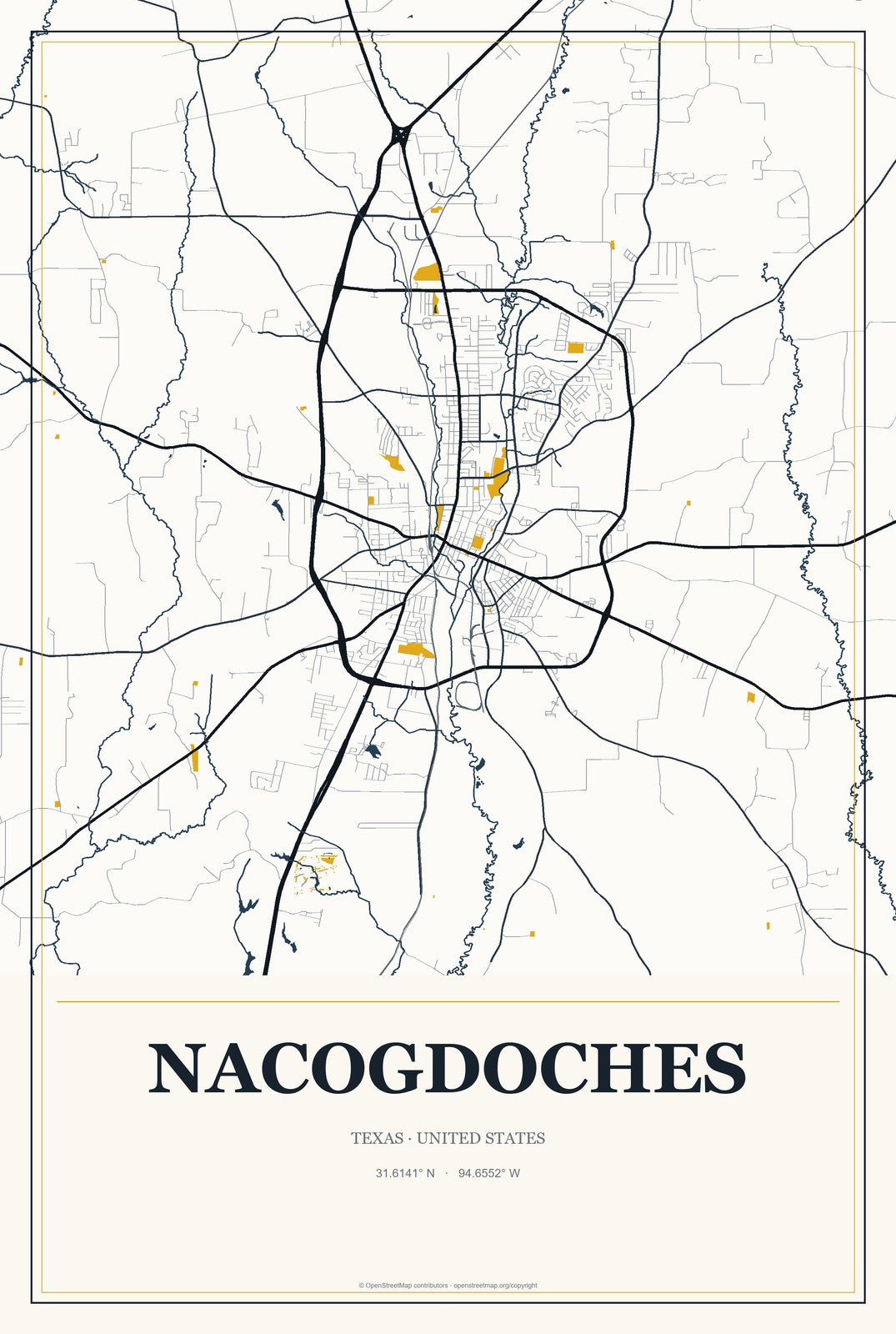 Nacogdoches, Texas City Map Aluminum Sign in Citrine Modern style