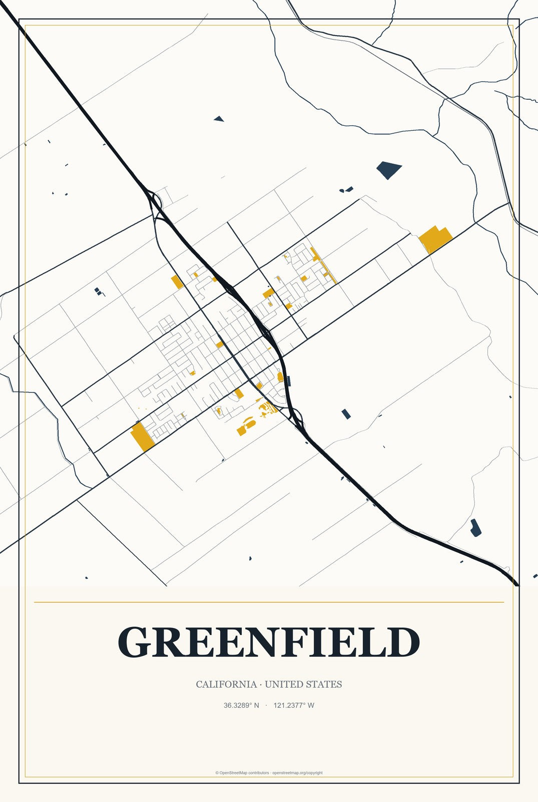 Greenfield, California City Map Aluminum Sign in Citrine Modern style