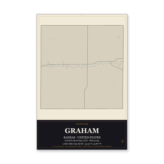 Graham County, Kansas Map Aluminum Sign in Museum Plaque style