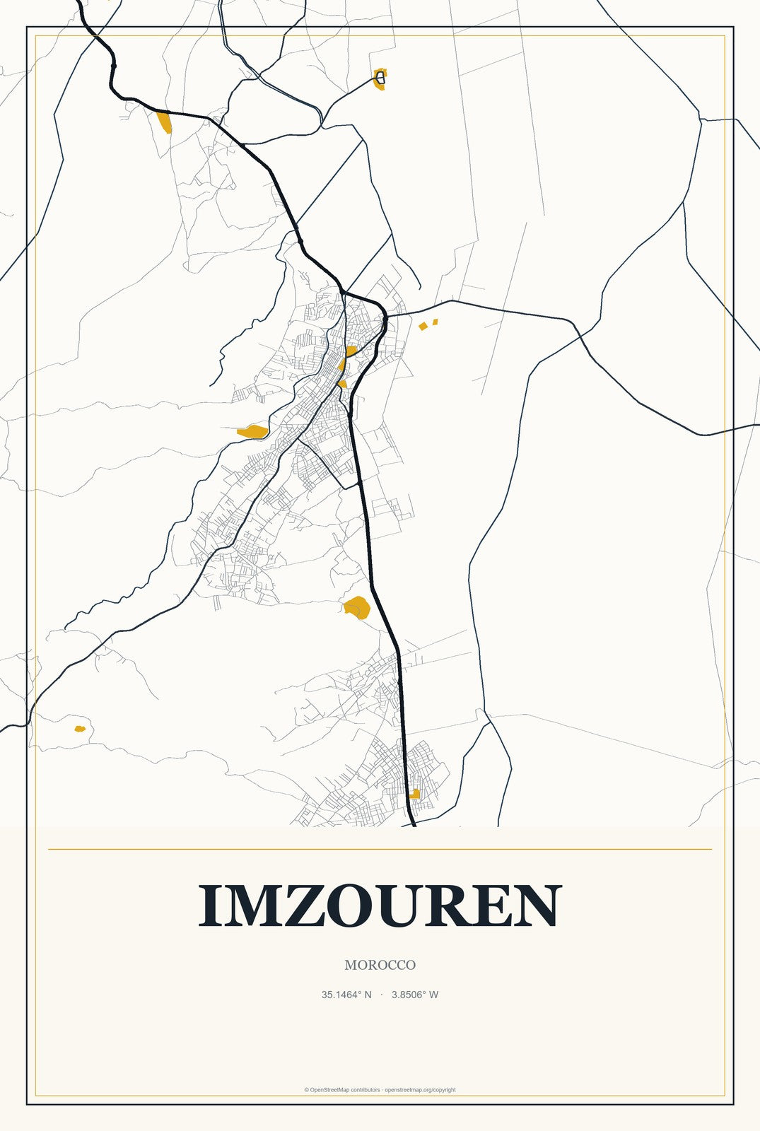 Imzouren, Morocco City Map Aluminum Sign in Citrine Modern style