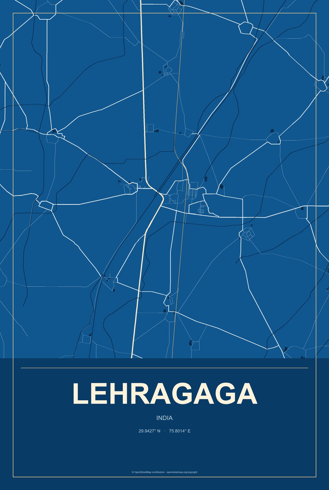 Lehragaga, India City Map Aluminum Sign in Harbor Cobalt style