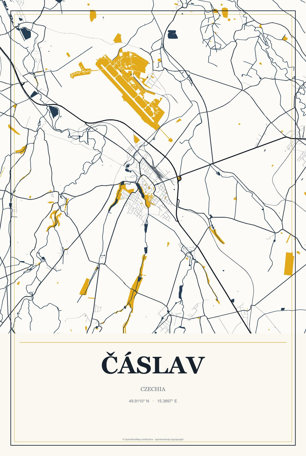 Čáslav, Czechia City Map Aluminum Sign in Citrine Modern style