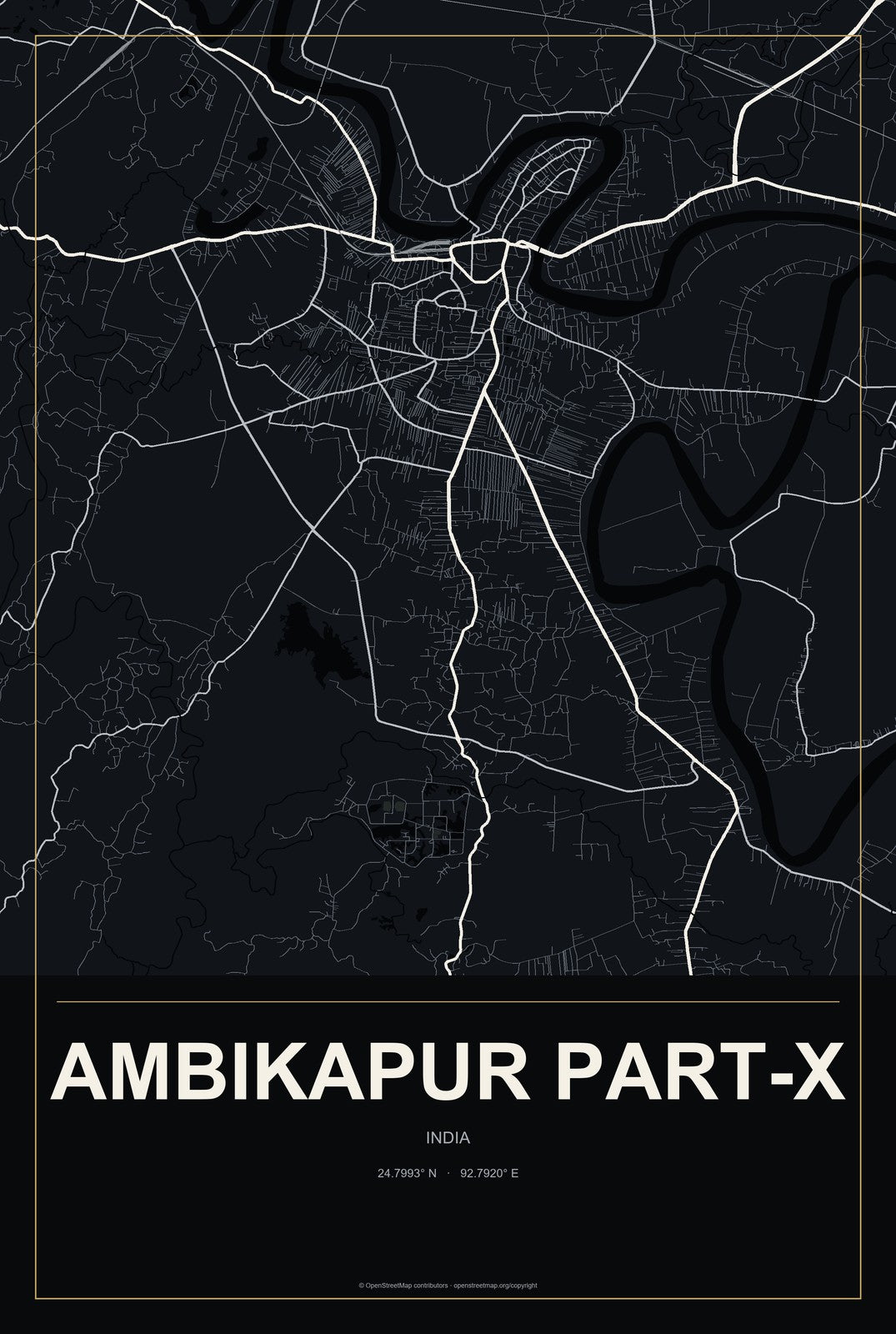 Ambikapur Part-X, India City Map Aluminum Sign in Metropolitan Noir style