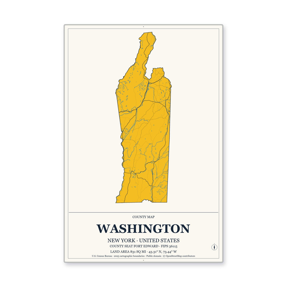 Washington County, New York Map Aluminum Sign in Citrine Modern style