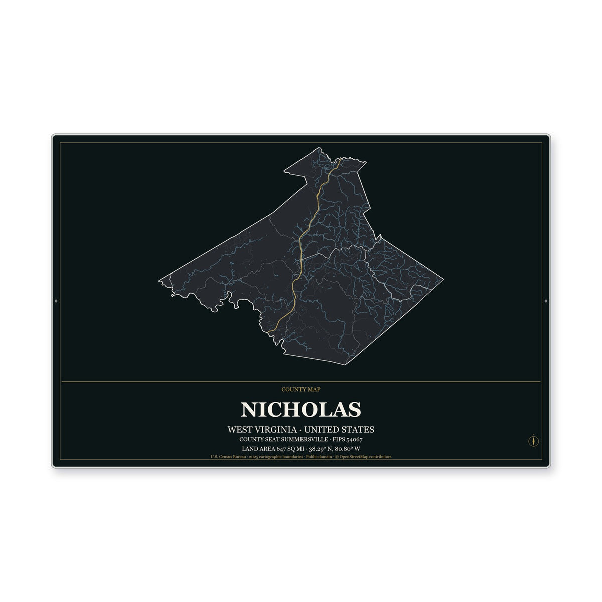 Nicholas County, West Virginia Map Aluminum Sign in Metropolitan Noir style