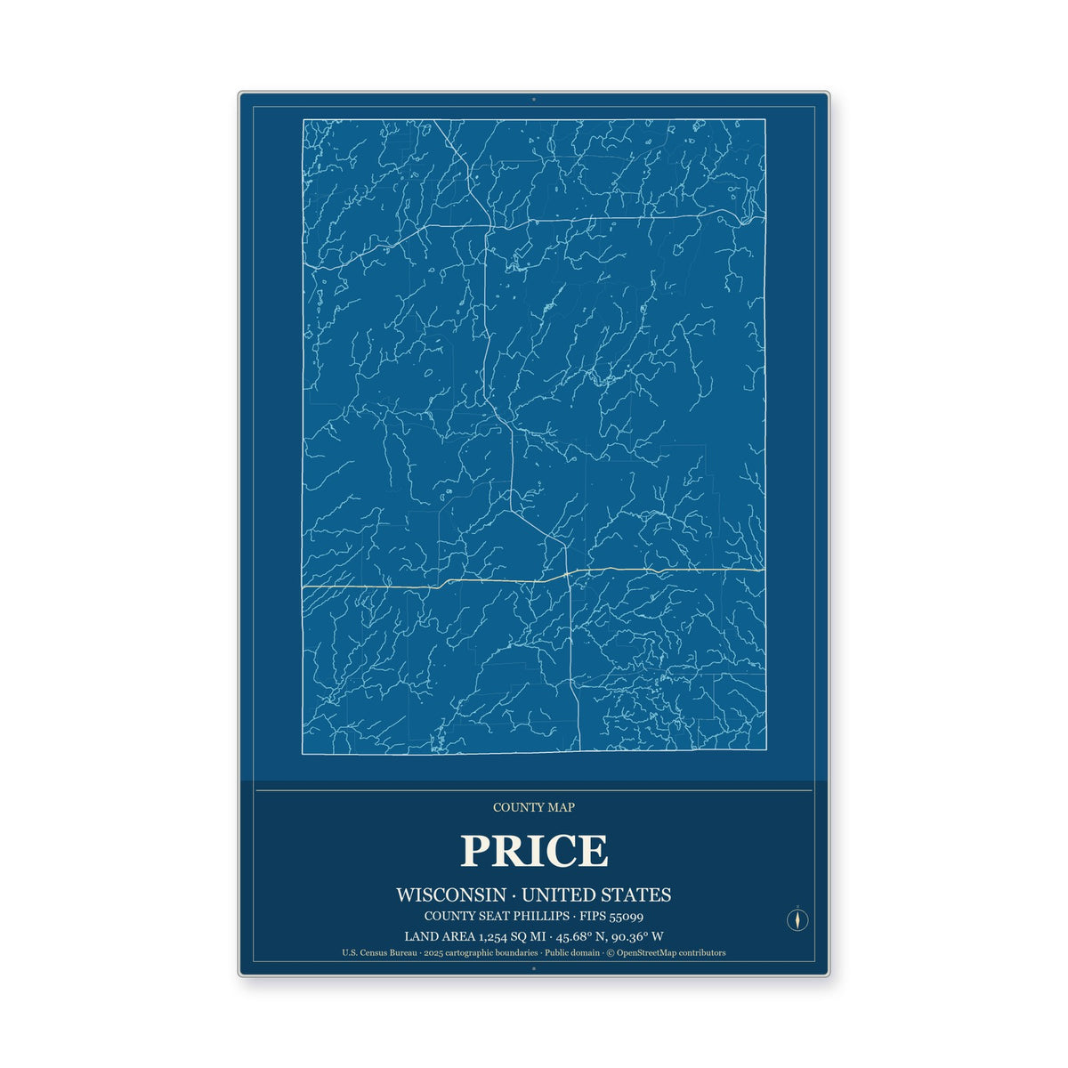 Price County, Wisconsin Map Aluminum Sign in Harbor Cobalt style