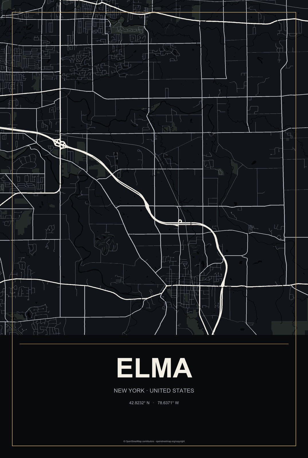 Elma, New York City Map Aluminum Sign in Metropolitan Noir style
